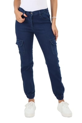 Damen-Jeans mit seitlichem elastischem Bund und Bündchen in dunkler Stonewash-Optik