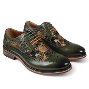 Justin Reess Herren-Brogue-Schuhe aus grünem Leder mit Blumenmuster - Ross