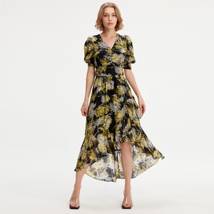 Linear Flower Print Kleid mit tiefem Saum