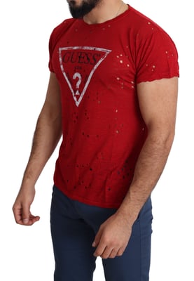 Guess Red Cotton Logo Print Men's Casual Top Perforated T-shirt