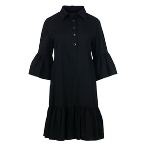 Schwarzes Kleid mit Glockenärmeln und Rüschensaum