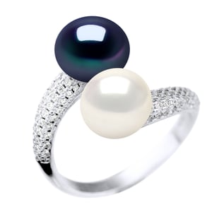 Ring YOU AND ME 2 Süßwasserperlen 9-10 mm Weiß und Schwarz Schmuck 925