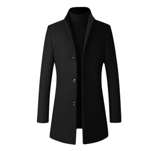 Herren Wollmantel Lang Slim Fit Stehkragen Business Mantel für den Winter Schwarz