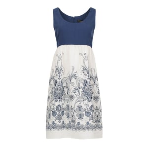 Elegantes ärmelloses A-Linien-Kleid mit besticktem Rock - Blau und Weiß
