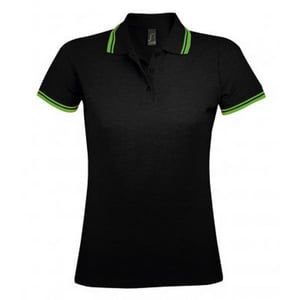 SOLS Womens/Ladies Pasadena Tipped Short Sleeve Pique Polo Shirt (Black/Lime)