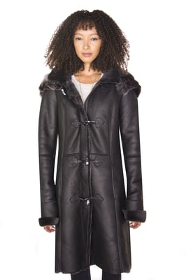 Schwarzer Damen-Dufflecoat aus Schaffell mit Kapuze – Ottawa