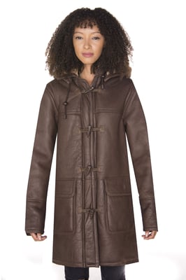 Brauner Damen-Dufflecoat aus Schafsleder mit Kapuze – Charlotte