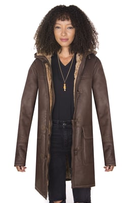 Brauner Damen-Dufflecoat aus Schafsleder mit Kapuze – Charlotte