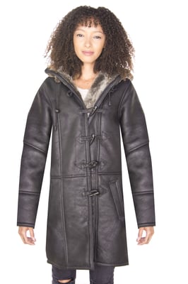 Damen Dufflecoat aus schwarzem Lammfell mit Kapuze-Lille