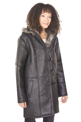 Damen Dufflecoat aus schwarzem Lammfell mit Kapuze-Lille