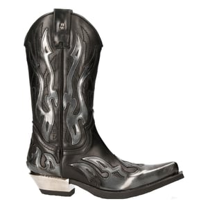 New Rock Flame Biker-Cowboystiefel aus schwarzem/silbernem Leder mit Akzent – ​​M-7921-S3