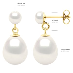 Doppelte Ohrringe aus Gelbgold – echte Süßwasser-Zuchtperlen, Knopf 5–6 mm + Birne 10–11 mm