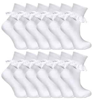 12 Paar Multipack White Frilly Lace Socken | 7 Größen | Sock Snob | Girls Cute Cotton Rich School Socken - Weiß