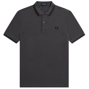 Schwarzes, graues Poloshirt mit Doppelstreifenkragen von Fred Perry