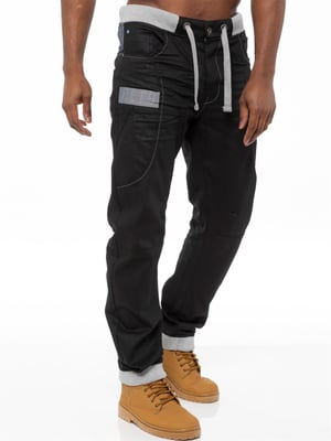 Enzo | Mens Denim Cuffed Jogger Jeans - Schwarz/Blau
