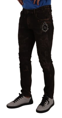 Dolce & Gabbana Herren Braune DG Krone Logo Baumwoll Skinny Jeans