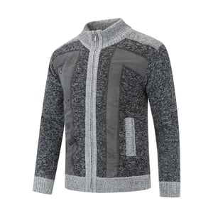 Herren Strickjacke mit Reißverschluss Stehkragen Cardigan Grobstrick Gefüttert Pullover für den Winter Dunkelgrau