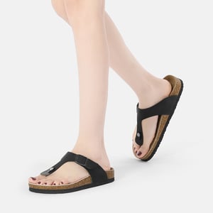 EVER AU Damen Flamingo Leder Zehenstegsandalen - Schwarzes Leder
