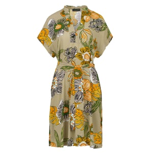 Midi-Kleid im Leinenstil mit auffälligem Blumenmuster und Mandarin-Kragen