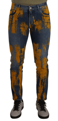 Dolce & Gabbana Blau Gelbe Färbung Baumwoll Slim Fit Herren Denim Jeans