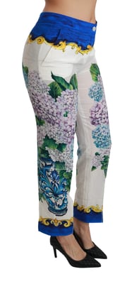 Dolce und Gabbana Weiße Hortensie Gerade Mittlere Taille Seidenhosen