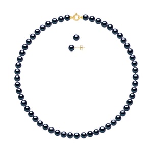 DIADEMA - Set - Halskette/Ohrringe - Echte Süßwasserperlen - Schwarzer Tahitian Style - Gelbgold