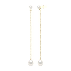 Doppelte Ohrringe aus Gelbgold – echte Süßwasser-Zuchtperlen, Knopf 5–6 mm + Birne 8–9 mm