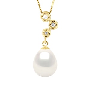 Halskettenschmuck mit Diamanten von 0,06 Karat – hochwertiges HSI-Gelbgold und echte Süßwasser-Zuchtperle im Birnenformat von 9–10 mm