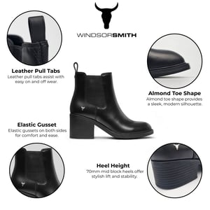 Windsor Smith Damen – Klassische Chelsea-Stiefel aus schwarzem Leder mit Plateausohle – Varsity