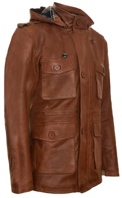 Trenchcoat mit Kapuze und mehreren Taschen aus Leder