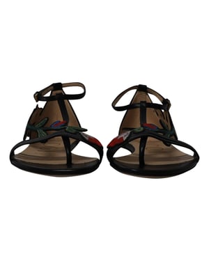 Gucci Ophelia Floral-gestickte Flachsandalen aus schwarzem Leder
