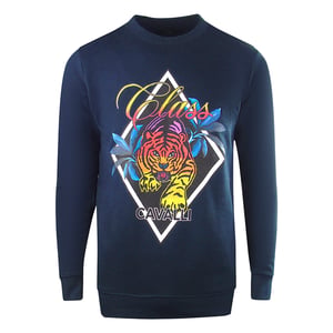 Cavalli Class Diamond Tiger Design Marineblaues Sweatshirt