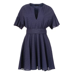 Dunkelblaues Kleid mit Stickerei und Rüschenärmeln