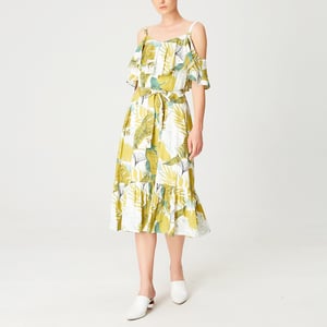 Trapezkleid mit tropischem Muster, Rüschen und dünnen Trägern
