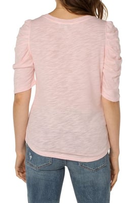 Kurzärmliges T-Shirt aus gerafftem Flammstrick mit Pfingstrosenmuster