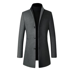 Herren Wollmantel Lang Slim Fit Stehkragen Business Mantel für den Winter Grau