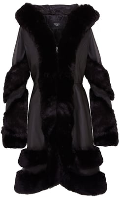 Ausgestellter schwarzer Cape-Mantel aus Leder mit Kapuze und Pelz für Damen - Mandal