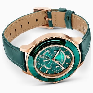 Swarovski Octea Lux Chrono Uhr, Lederarmband, Grün, Rose-Gold Tone PVD