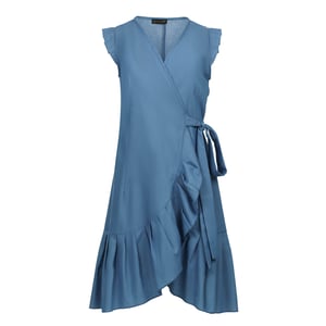 Schickes ärmelloses Wickelkleid mit Rüschensaum - Blau