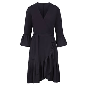 Schwarzes Wickelkleid aus Viskose mit Glockenärmeln.