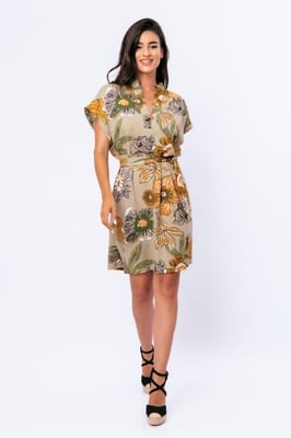 Midi-Kleid im Leinenstil mit auffälligem Blumenmuster und Mandarin-Kragen