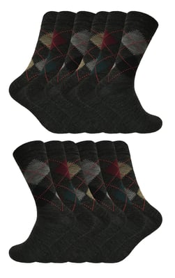 12 Paar Multipack Herren Lambswool Socken | Sock Snob | Dünne und weiche Honeycomb Top Argyle Patterned Socken - Grau