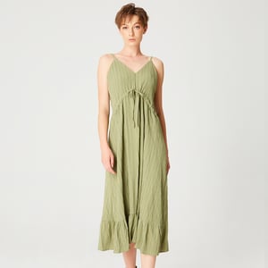 Trapezförmiges Midikleid mit Kordelzug und dünnen Trägern