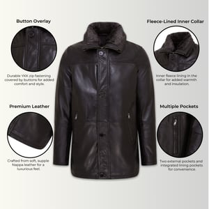 Schwarzer, mittellanger, warmer Trenchcoat aus Leder für Herren - Varkaus