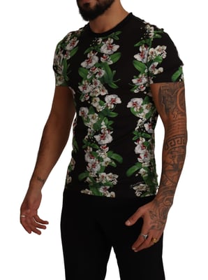 Dolce & Gabbana Schwarzes Blumenmuster Crewneck Herren T-Shirt