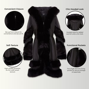 Ausgestellter schwarzer Cape-Mantel aus Leder mit Kapuze und Pelz für Damen - Mandal
