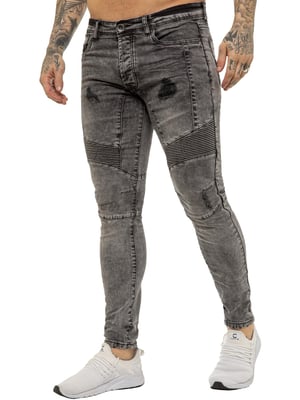Enzo | Mens Skinny Stretch Biker Denim Jeans - Black Acid