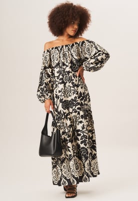 Bardot-Maxikleid mit einfarbigem Bordürenmuster