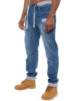 Enzo | Mens Denim Cuffed Jogger Jeans - Blau