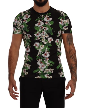 Dolce & Gabbana Schwarzes Blumenmuster Crewneck Herren T-Shirt